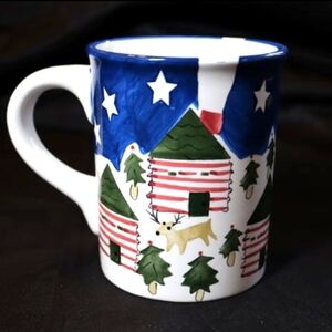 At Home International Ceramic Coffee Mug Winter Reindeer Cabin Folk Art